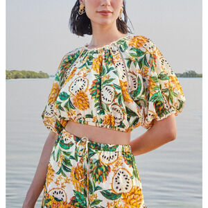 Farm Rio Green 'Biriba' Cropped Round Neck Blouse Top Size XS